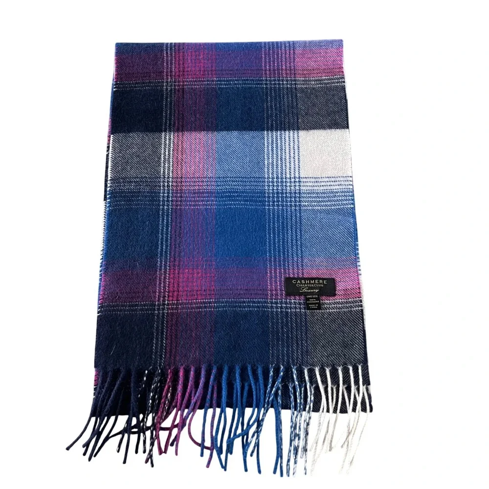 Charter Club Scarf Women OS Blue Pink Plaid Cashmere Luxury Fringe Winter Wrap